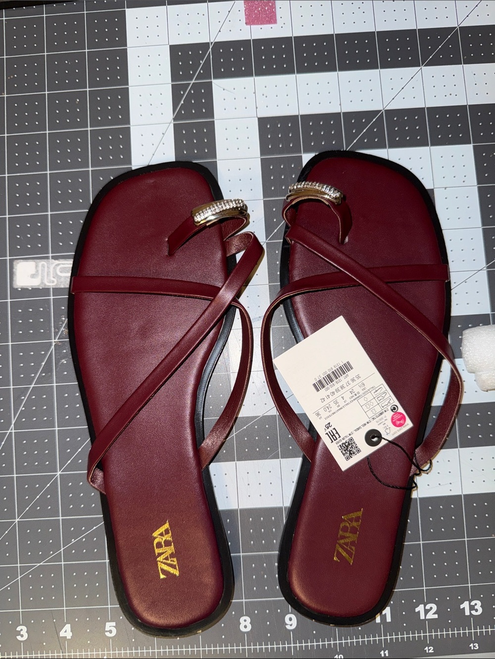 Zara Burgundy Rhinestone Toe-Ring Strappy Sandals